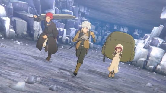 DanMachi Battle Chronicle release date: three anime characters run through a dungeon