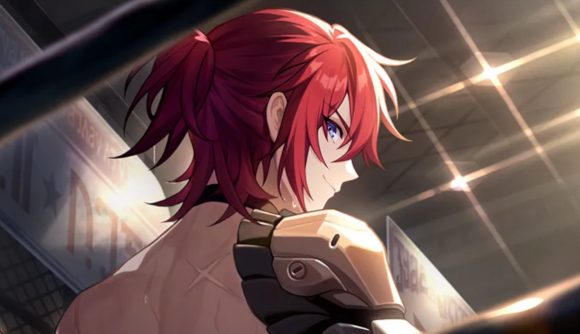 Honkai Star Rail Luka: A zoomed-in picture of Luka's light cone, showing him shirtless and looking over his shoulder towards the camera with a smirk on his face. He has scars on his back and you can see his mechanical shoulder.